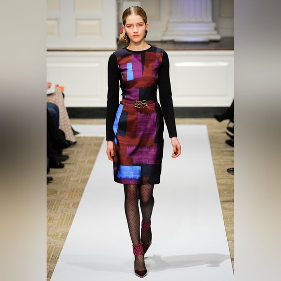 *$3,300 OSCAR DE LA RENTA ARTSY BLACK PURPLE COLORBLOCK RUNWAY DRESS US M - Picture 1 of 15